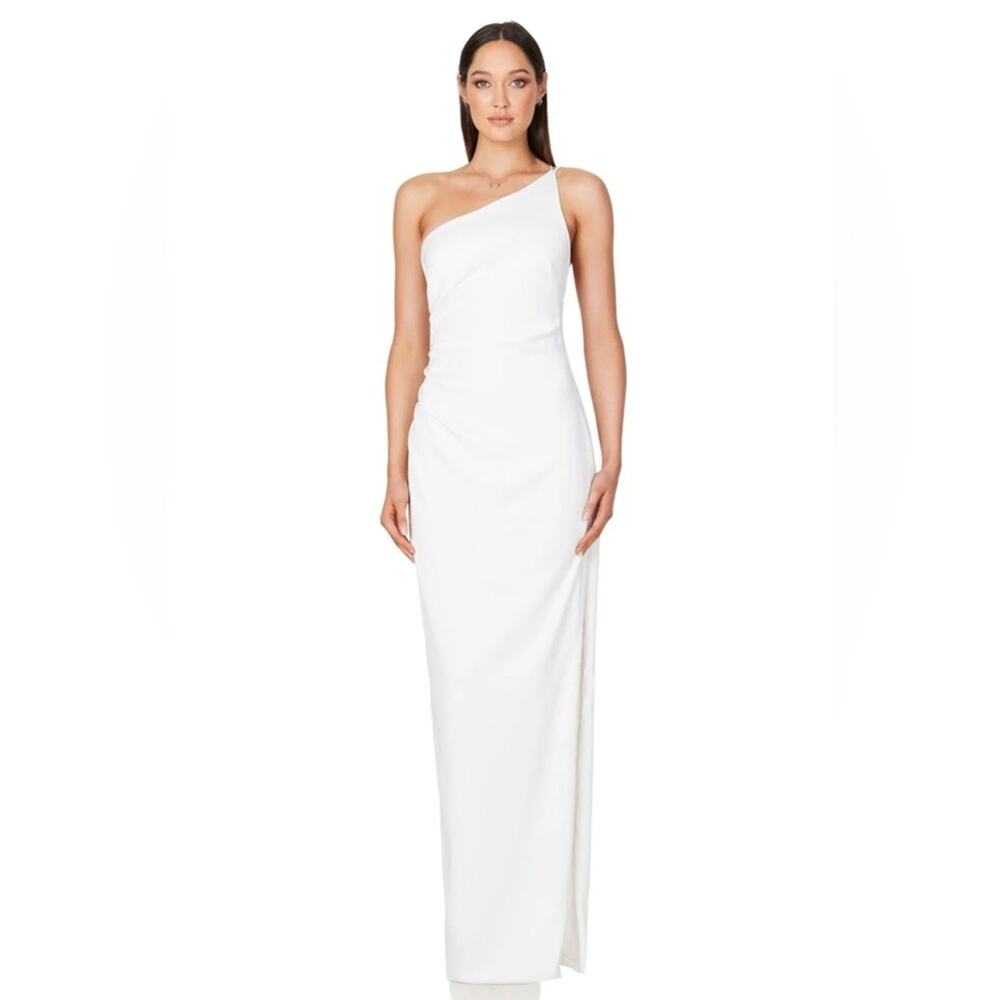 NWT Nookie Sz M Ivory Gypsy One Shoulder Side Slit Backless Evening Gown Bridal